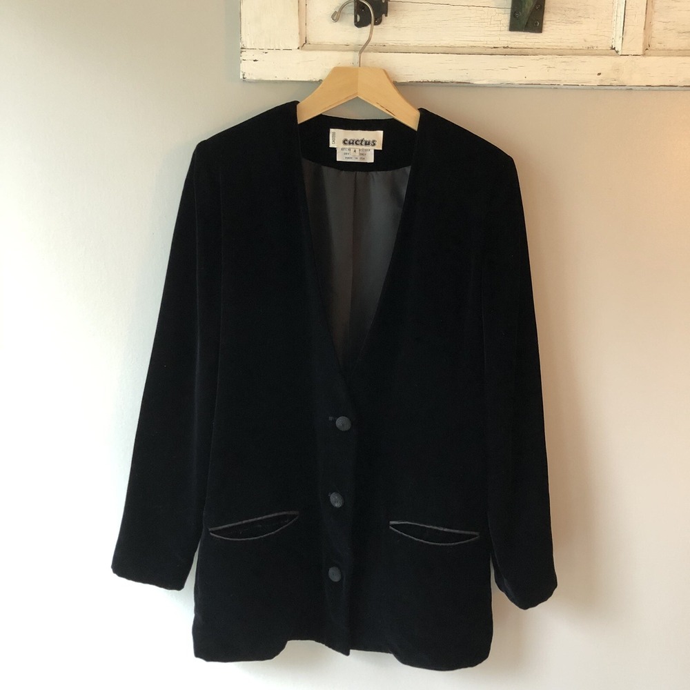 Vintage Womens Blazer Size 4 1970's Cactus Velvet Silk Blend Black Longline